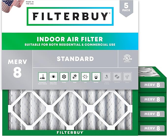 Filterbuy 24x24x2 Air Filter MERV 8 (MPR 700) Dust Defense Replacement (5-Pack), Electrostatic Pleated HVAC AC Furnace Filters, Made in USA (Actual Size: 23.38 x 23.38 x 1.75)