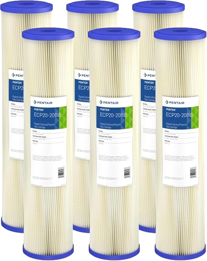 Pentair Pentek ECP20-20BB Big Blue Sediment Water Filter, 20-Inch, Whole House Heavy Duty Pleated Cellulose Polyester Replacement Cartridge, 20" x 4.5", Blue End-Cap, 20 Micron, Pack of 6