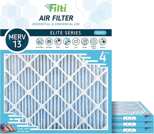 FILTI 20x24x1 Air Filter MERV 13 | Pleated Home Air Filter | HVAC AC Furnace Filter MADE IN USA (4 Pack)