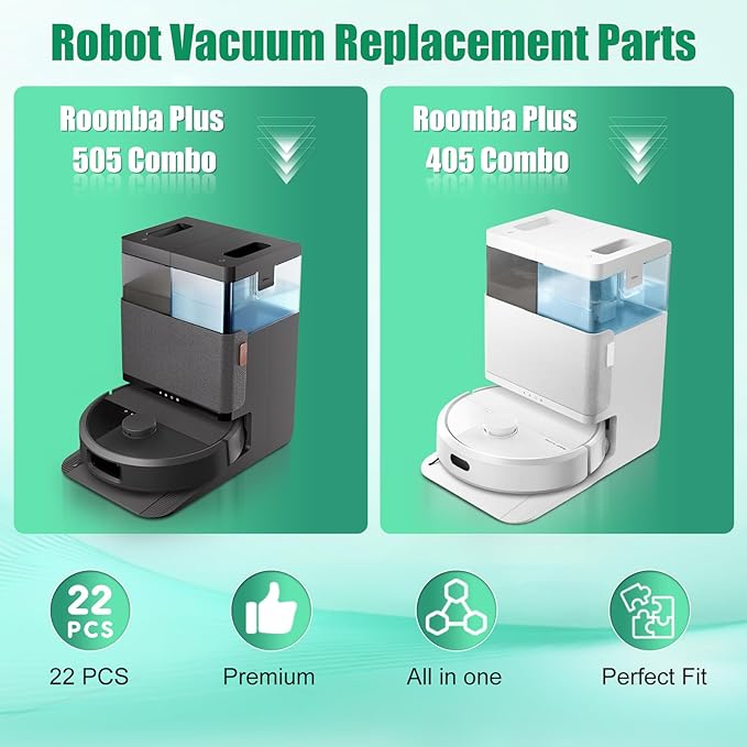 22 Pcs Replacement Parts for iRobot Roomba Plus 505/405 Combo Robot Vacuum Cleaner Accessories Kit, Include 2 Roller Brush, 4 Mop Pads, 3 Hepa Filters, 6 Side Brush, 6 Vacuum Bags