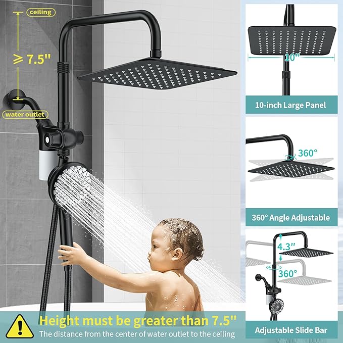 10" Rainfall Shower Heads with Handheld Spray Combo High Pressure, Magnetix Shower Head with Filters for Hard Water, 2 in 1 Dual Shower Head with Handheld and Adjustable Slide Bar (Black)