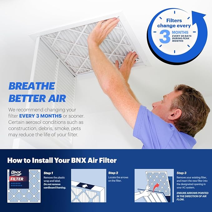 BNX TruFilter 16x30x1 Air Filter MERV 13 (4-Pack) - MADE IN USA - Electrostatic Pleated Air Conditioner HVAC AC Furnace Filters for Allergies, Pollen, Mold, Bacteria, Smoke, Allergen, MPR 1900 FPR 10
