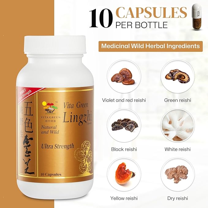 Vita Green Reishi Mushroom Capsules for Energy, Memory, and Immune Support – Pure Reishi Supplement with Natural Antioxidants for Daily Wellness and Engery – 10 Capsules