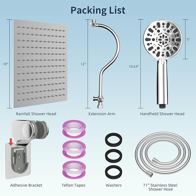 Hibbent All Metal Shower Head, 10'' High Pressure Rainfall Shower Head/Handheld Showerhead Combo with 12'' Adjustable Curve Shower Extension Arm, 10 Sprays, 71'' Shower Hose, Showerhead Holder, Chrome
