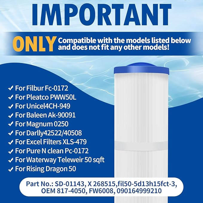 2-Pack 4CH-949 Spa Filter FD2007 Replacements Compatible with Pleatco PWW50L,Cal Spa FIL50-5D13H15FCT-3, Filbur FC-0172,SD-01143,817-4050,Waterway Teleweir 50,Rising Dragon 50,Hot Tubs Filter