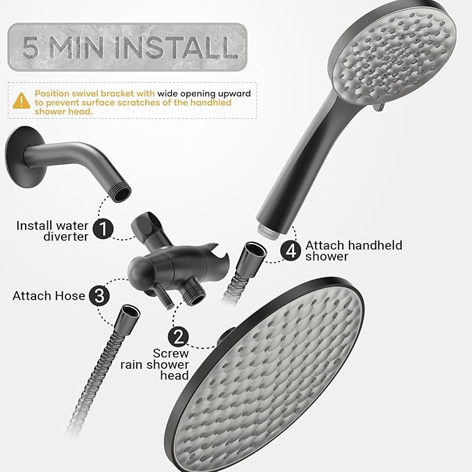 8.6 inch High Pressure 3-Way Shower Heads Combo, Pulsating Rainfall Shower Head, 6-Settings Dual Shower Head with Handheld Hose 6ft Black