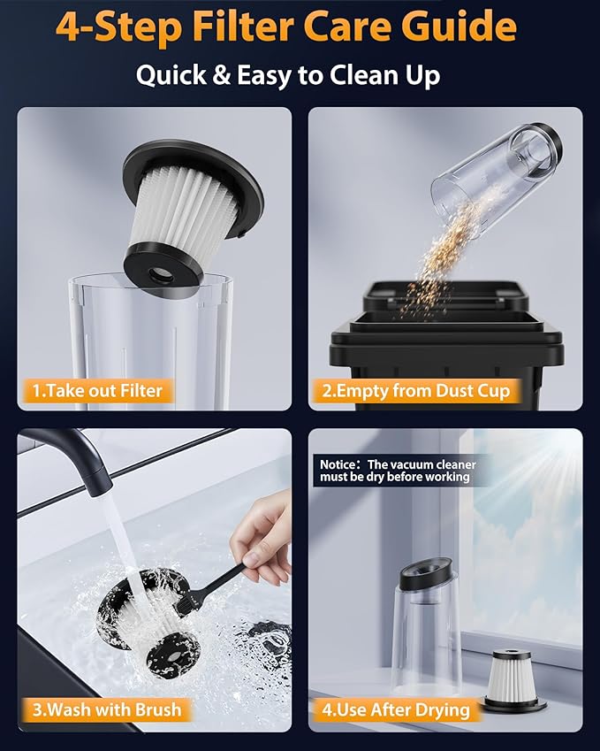 Handheld Vacuum Cordless 1.1 Pounds Car Vac 10000PA Hand Held Vacuums 4-in-1 Hand Vac Cordless Rechargeable HEPA Filter Large Capacity Dust Cup for Car Office Home Pets Hair (Lemon Yellow)