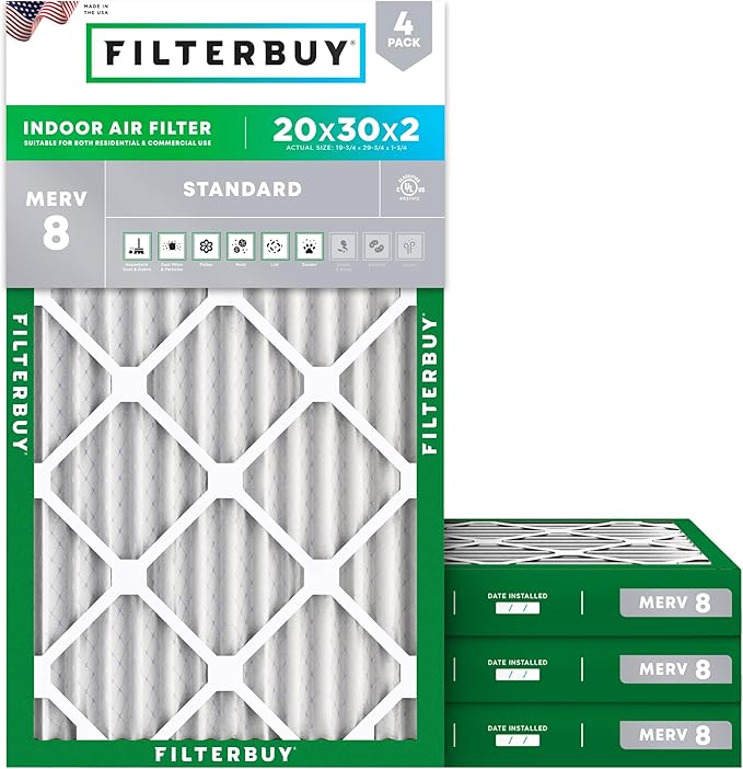 Filterbuy 20x30x2 Air Filter MERV 8 (MPR 700) Dust Defense Replacement (4-Pack), Electrostatic Pleated HVAC AC Furnace Filters, Made in USA (Actual Size: 19.75 x 29.75 x 1.75)