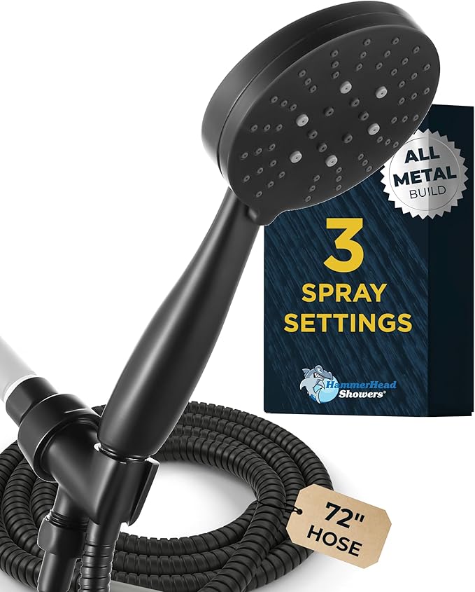 HammerHead Showers® Solid Metal 3-Spray Handheld Shower Head with Long Hose and Holder - MATTE BLACK - 2.5 GPM High Pressure Shower Head with Handheld Sprayer - WIDE, MASSAGE, and MIST Sprays