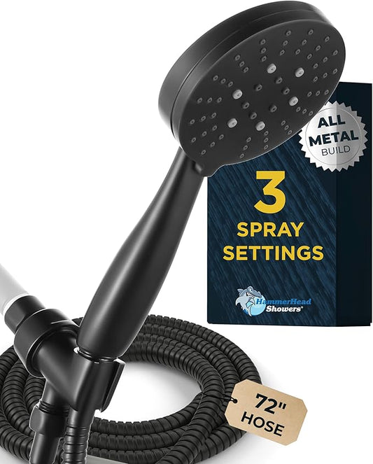 HammerHead Showers® Solid Metal 3-Spray Handheld Shower Head with Long Hose and Holder - MATTE BLACK - 2.5 GPM High Pressure Shower Head with Handheld Sprayer - WIDE, MASSAGE, and MIST Sprays