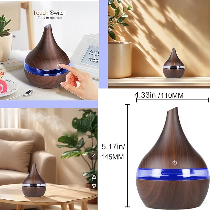 FULLBELL Cool Mist Humidifier, 400ML, 10-20 Hours Runtime, 7 Color Lights, 2 Modes, 24db Quiet, Black (Dark Brown-300ML)
