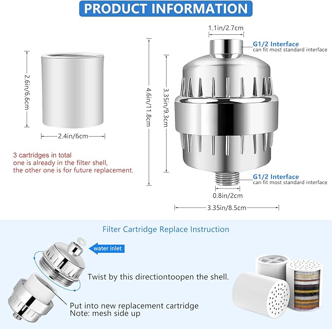 20 Stage Shower Filter with Vitamin C E for Hard Water with 3 Cartridges, High Output Universal Shower Head Water Softener Filter to Remove Chlorine and Fluoride-Reduce Dry Itchy Skin,Dandruff,Eczema