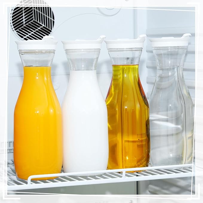 Gejoy 6 Pcs Plastic Water Carafe with Lids 32 oz Clear Juice Pitchers for Mimosa Bar Drinks Milk Iced Tea Beverage Containers for Home Restaurant School Fridge, Not Dishwasher Safe (White Cap)