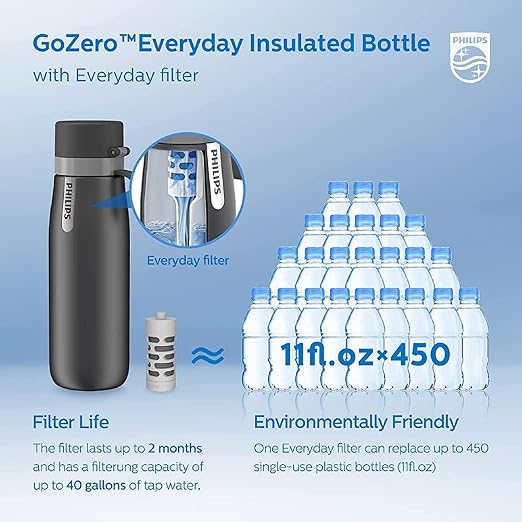 PHILIPS Water Bottle with Filter, Filter Water Bottle Stainless Steel with GoZero Everyday BPA-Free Tap Water Filter, Water Filter Bottle Keep Drink Cold 24 Hours, 3 Filters for 120 gal / 6 Months