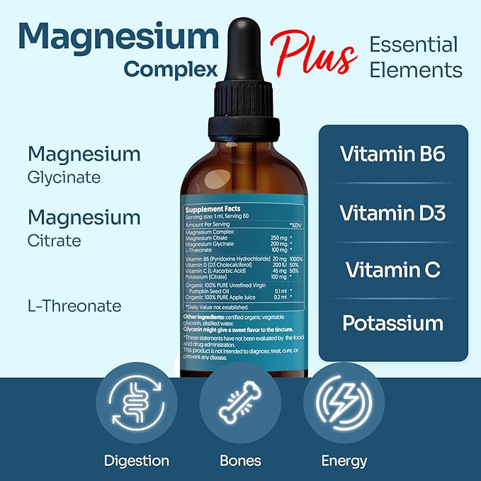 Magnesium Complex Plus 2 fl oz Liquid Drops - Advanced Magnesium Citrate, Glycinate, L-threonate with Vitamins B6, D, C Supplement - High Potency 100% Absorption - 30-Day Supply