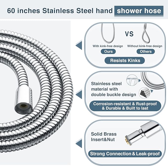 BRIGHT SHOWERS High Pressure Dual Shower Head Combo, Handheld Showerhead Rainfall Shower Head Set with Black Face, 60 Inch Long Stainless Steel Shower Hose, Chrome