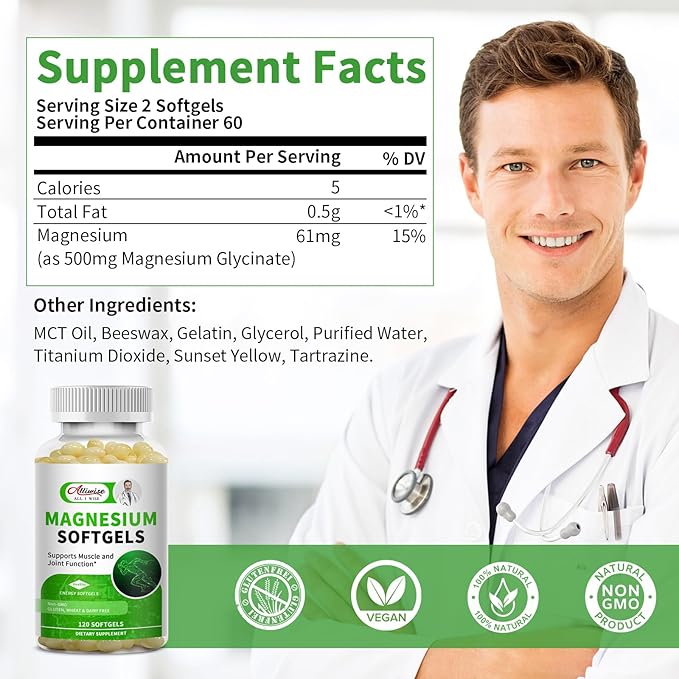 Magnesium Glycinate Supplement 500mg, High Absorption Dietary Supplement Softgels for Sleep, Muscle, Heart, Nerve and Bone Support, Gluten Free, Non GMO, 120 Capsules, 60 Day Supply