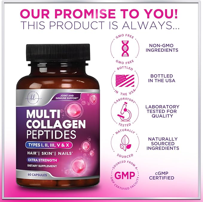 Multi Collagen Peptides Supplement - Hydrolyzed Types I, II, III, V & X Multi Collagen Pills, Hydrolyzed Collagen Peptides Supplements, Hair, Skin, Nail, and Joint Support Supplement, 60 Capsules