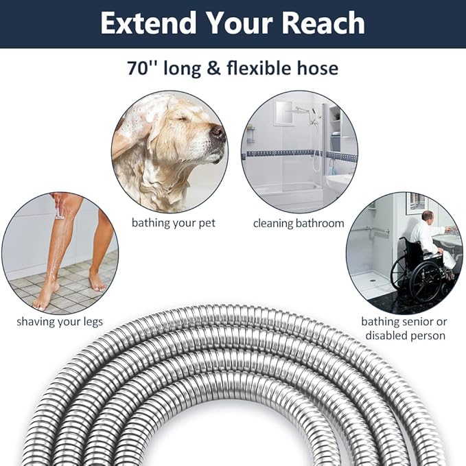 PDPBath All Metal 12" Rainfall Shower Head with 16" Upgrade Flexible Extension Arm, Shower Head with Handheld Combo,70" Extra Long Shower Hose, 3-Way Diverter, Chrome