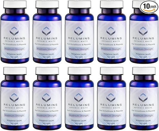 Relumins Advanced White Glutathione Capsules - Max Strength Brightening Supplement with ALA, Placenta, Rose HIPS & Vitamin C - Fights Oxidative Stress, Supports Collagen & Youthful Skin - 10 Bottles