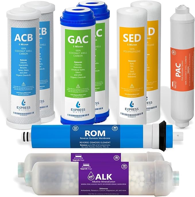 Express Water – 1 Year Alkaline Reverse Osmosis System Replacement Filter Set – 10 Filters with 50 GPD RO Membrane – 10 inch Size Water Filters