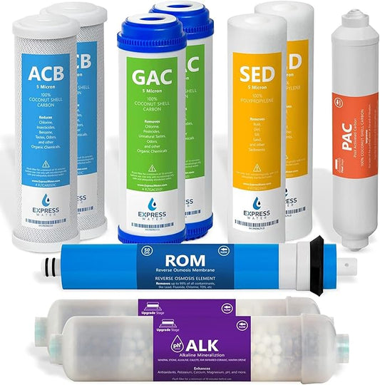 Express Water – 1 Year Alkaline Reverse Osmosis System Replacement Filter Set – 10 Filters with 50 GPD RO Membrane – 10 inch Size Water Filters