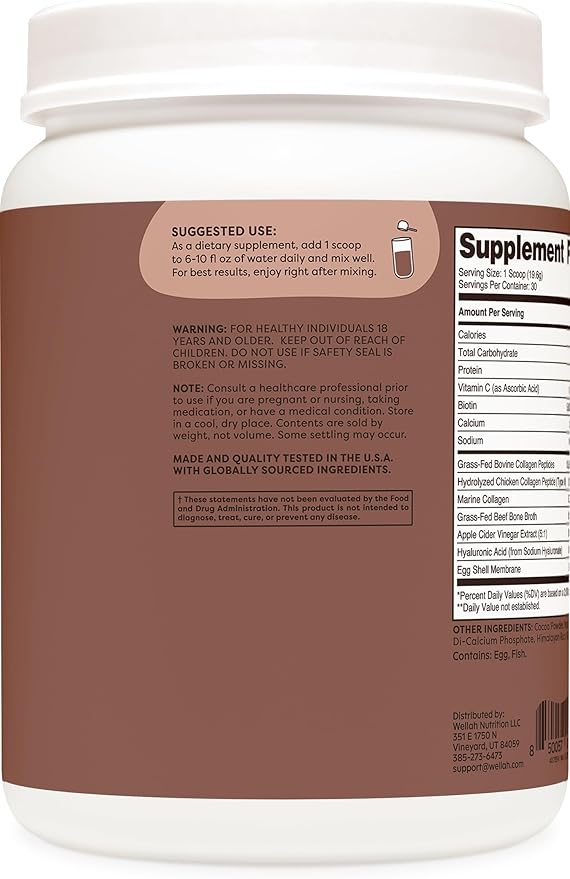 Wellah The Afterglow Multi Collagen Protein + Beauty (30 Servings, Chocolate) - Hair, Skin, Nail & Joint Support - Non-GMO & Gluten Free