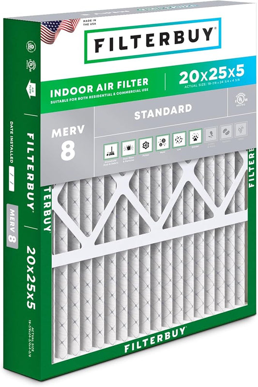 Filterbuy 20x25x5 Air Filter MERV 8 (MPR 700) Dust Defense (1-Pack), Pleated HVAC AC Furnace Filters for Honeywell FC100A1037, Lennox X6673, Carrier, & More (Actual Size: 19.88 x 24.75 x 4.38)