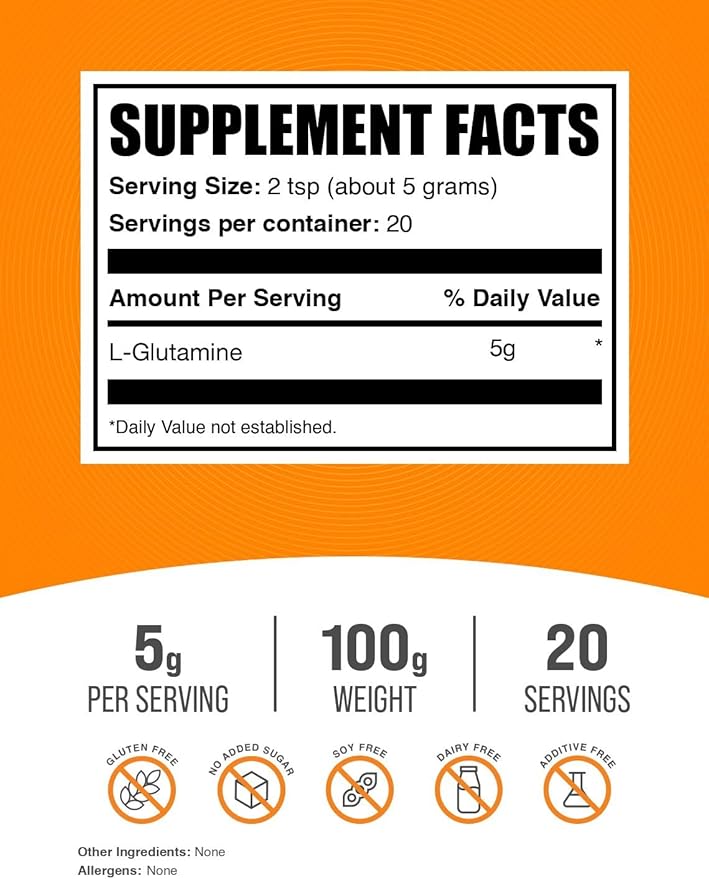 BulkSupplements.com L-Glutamine Powder - Glutamine Supplement, for Recovery & Gut Health - Unflavored & Gluten Free, 5g (5000mg) per Serving, 100g (3.5 oz) (Pack of 1)