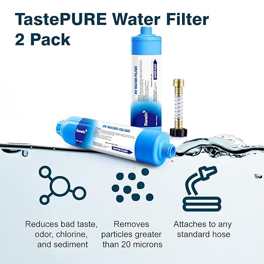 2 Pack RV Inline Water Filter with Hose Protector, NSF Certified, Reduces Chlorine, Odor, Bad Taste and Sediment in Drinking Water, Ideal for RV's Campers, Travel Trailers and Boats