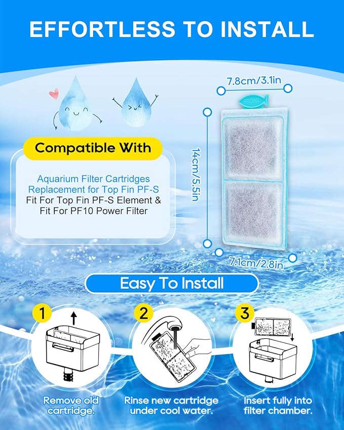 12 Pack Fish Tank Filter Compatible with Top Fin PF-S Filter Cartridge, Upgraded PF-S Aquarium Filter Cartridge Compatible with Top Fin PF10 Power Filters Activated Carbon & Zeolite