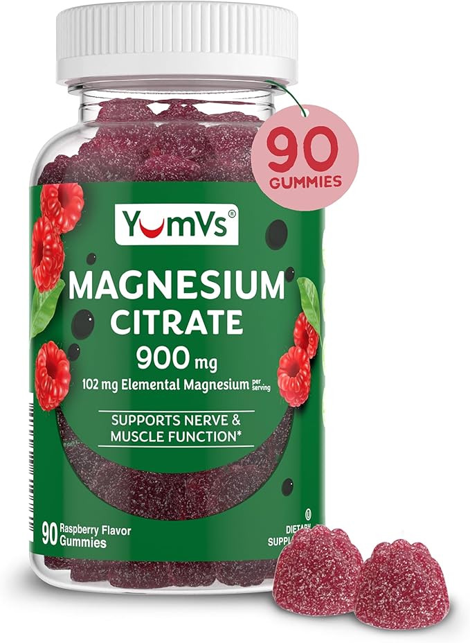 YUM-V'S Magnesium Citrate Gummies – 900mg Highly Absorbable Magnesium Gummies for Women & Men to Support Nerve, Muscle & Enzyme Function – Gluten-Free, Kosher & Raspberry Flavor (90 Count)