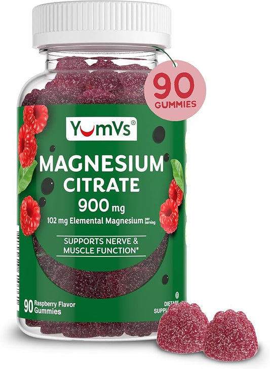 YUM-V'S Magnesium Citrate Gummies – 900mg Highly Absorbable Magnesium Gummies for Women & Men to Support Nerve, Muscle & Enzyme Function – Gluten-Free, Kosher & Raspberry Flavor (90 Count)