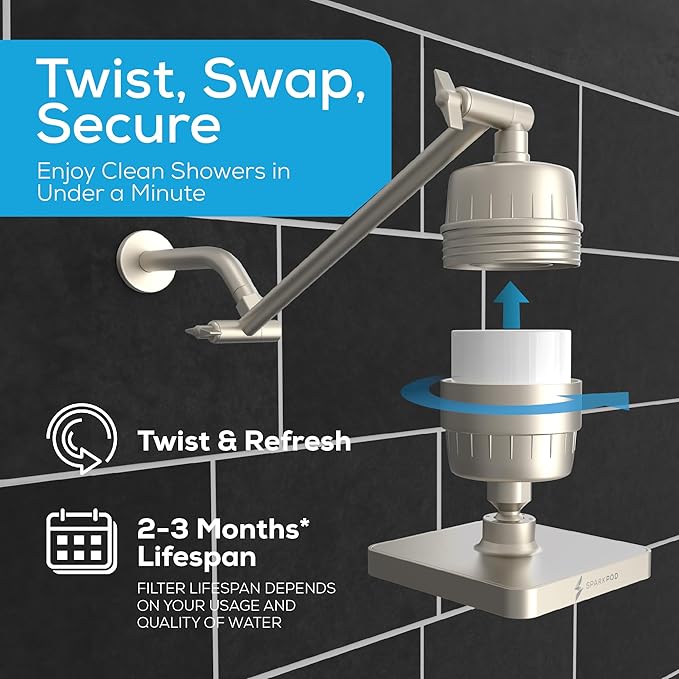 SparkPod 6" High Pressure Rain Shower Head with 23 Stage Filter Capsule & 11 Inch Adjustable Shower Arm Extension -Shower Filter Reduces Chlorine for Smoother Hair & Skin (Square, Brushed Nickel)