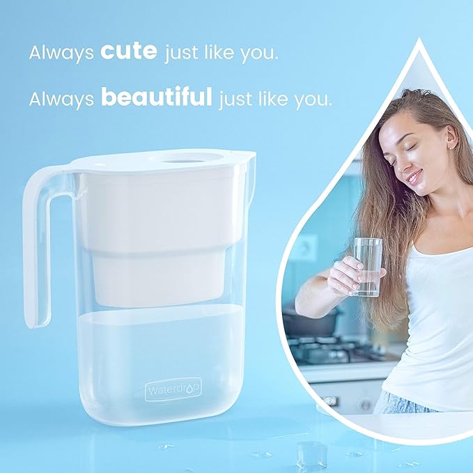 Waterdrop Water Filter Pitcher with 1 Filter, 5X Times Lifetime, Lasts 200 Gallons, for Fridge, Countertop and Gift, Reduces PFOA/PFOS, Chlorine, 7-Cup Capacity, Elfin, White