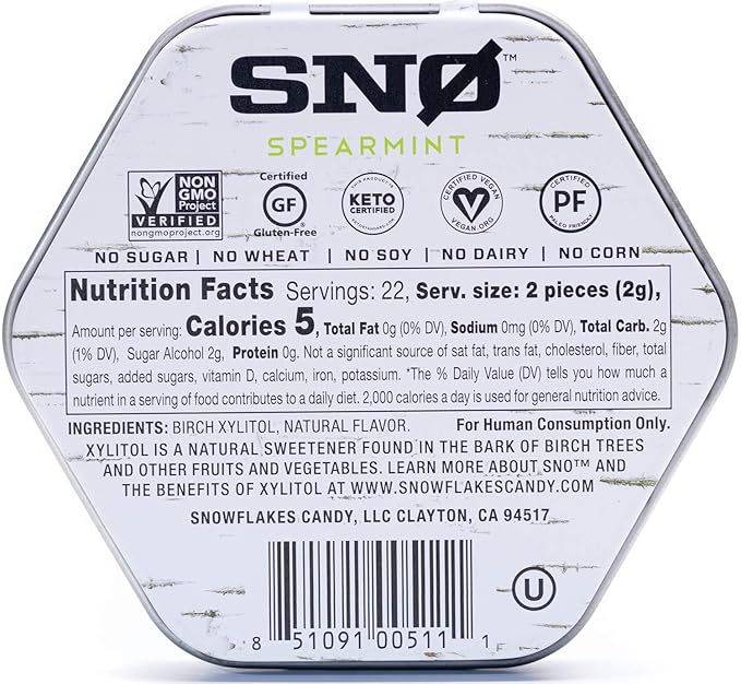 Spearmint KETO Xylitol Candy Chips (6-Pack) - SNØ 1.5oz Tin - Sugar-Free Candy With Only 2 Ingredients | Low Carbs, Diabetic-Friendly, Non-GMO, Vegan, GF & Kosher | Purest candy in the world!