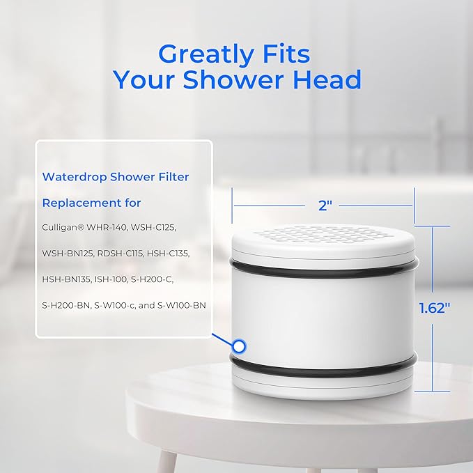 Waterdrop WHR-140 Shower Filter Replacement for Culligan® WHR-140, WSH-C125, ISH-100, HSH-C135, Shower Head Water Filter, with Advanced KDF Filtration Material, Pack of 2