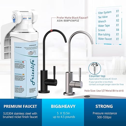 Frizzlife Under Sink Water Filter-NSF/ANSI 53&42 Certified Drinking Water Filtration System-0.5 Micron Removes Lead, Chlorine,Bad Taste & Odor, W/Dedicated Faucet