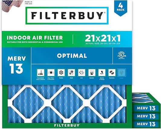 Filterbuy 21x21x1 Air Filter MERV 13 (MPR 1900) Health Defense Replacement (4-Pack), Electrostatic Pleated HVAC AC Furnace Filters, Made in USA (Actual Size: 20.88 x 20.88 x 0.75)