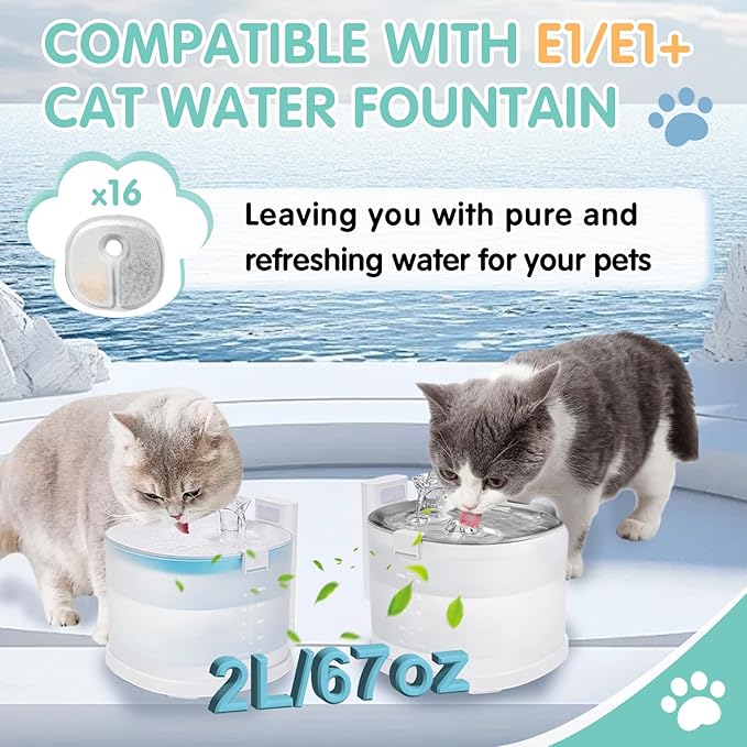 16 Packs Cat Water Fountain Filter Replacements Compatible with E1/E1+ Cat Fountain (2L/67oz), Triple Filtration System Pet Water Dispenser Filter