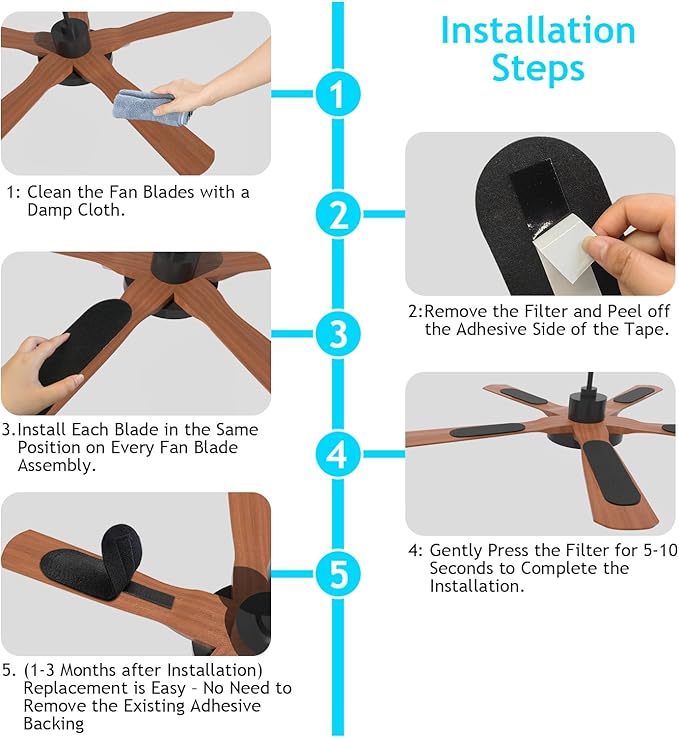 2025 Upgrade 10pcs Ceiling Fan Filters for Blades Easy-Stick Strong Fixity Activated Coconut Carbon Fan Filter for Ceiling Fan, Universal Fan Blade Air Fresh Purifier Cat Litter Box Filter, Black