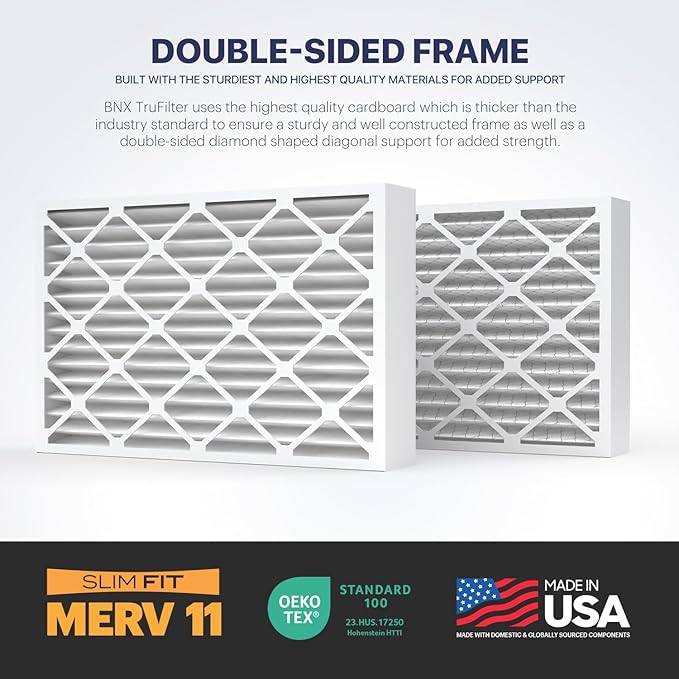 BNX TruFilter 16x25x4 (15.5’’ x 24.5’’ x 3.63‘’ Slim Fit) MERV 11 Air Filter 2-Pack - MADE IN USA - Air Conditioner Furnace Filters HVAC AC Furnace Filters for Allergy Dust, Pet, Mold, MPR 1200 FPR 7