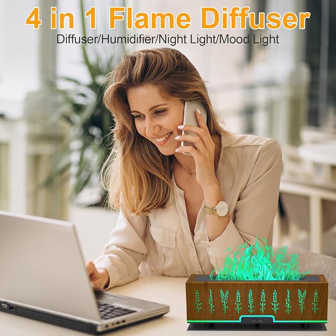 Colorful Essential Oil Diffuser, 7 Colors Flame Diffuser Changing Aromatherapy Diffuser, 200ml Cool Mist Ultrasonic Diffuser for Office, Home,Bedroom (Timeable, Waterless Auto Off- Brown)