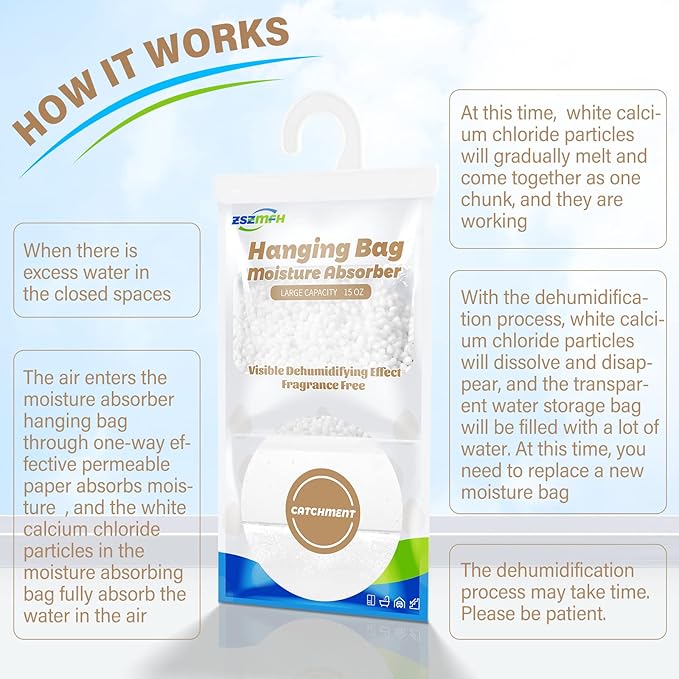 ZSZMFH 12 Pack Moisture Absorber Hanging Bags, Fragrance Free Humidity Packs, 15 OZ Dehumidifier Bags Effectively Trap Extra Moisture,Hanging Closet Dehumidifier Bags-425g/pack
