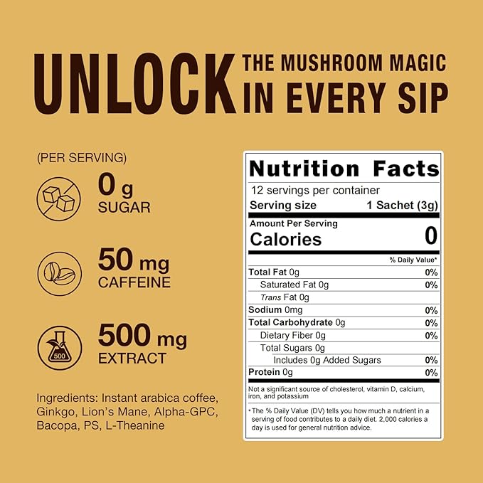 Mushroom Coffee Mix 7 in 1, with Ginkgo, Lions Mane, Alpha-GPC, Bacopa, PS, L-Theanine – 12 Sachets