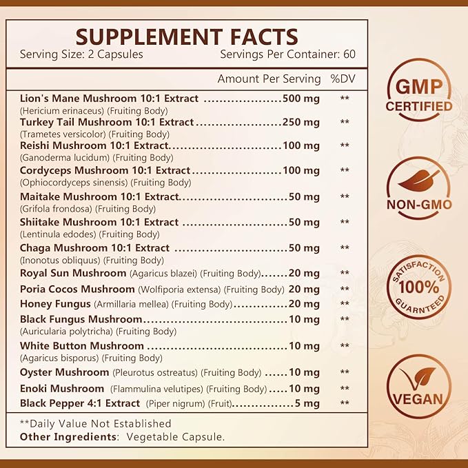 Mushroom Supplement, Mushroom Complex with Lion's Mane, Turkey Tail, Reishi, Cordyceps, Shiitake, 14-in-1 Mushrooms for Memory and Focus, 120 Capsules