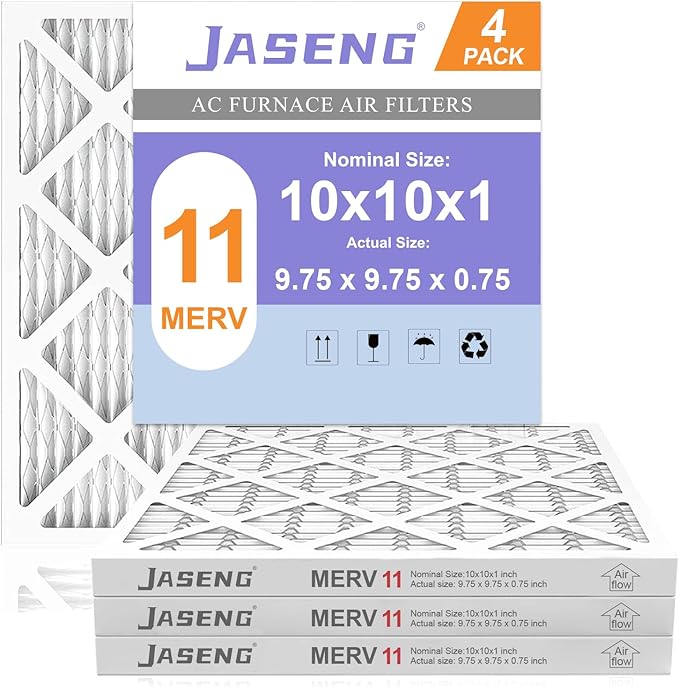 10x10x1 Furnace Air Filters MERV 11, JASENG 4 Pack AC Furnace Filter MPR 1000 & FPR 7 Filtering, HVAC Air Filter Replacement (exact dimensions: 9 3/4"x9 3/4"x3/4")