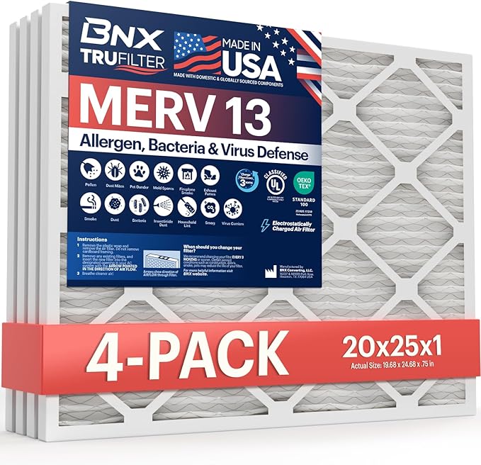 BNX TruFilter 20x25x1 Air Filter MERV 13 (4-Pack) - MADE IN USA - Electrostatic Pleated Air Conditioner HVAC AC Furnace Filters for Allergies, Pollen, Mold, Bacteria, Smoke, Allergen, MPR 1900 FPR 10