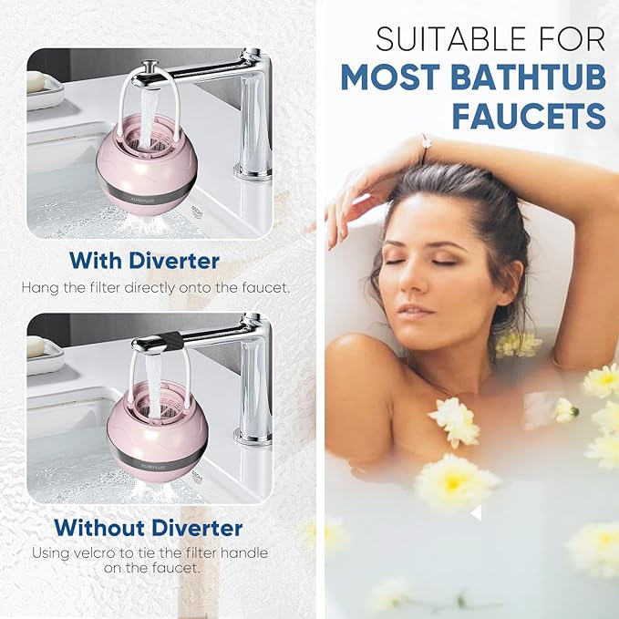PUREPLUS Bathtub Bath Water Filter for Tub, 8 Stages Kinder Filter for Bathtub, 2500 Gallons Filtration, Removes Contaminants for Softer Skin and Hair, Reduces Chlorine & Heavy Metals, BPA Free, Pink