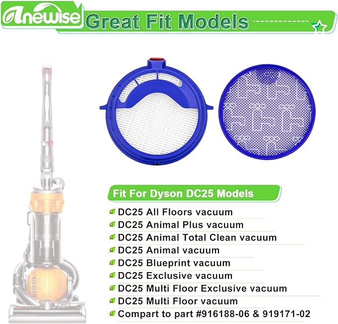 Filter Kits repalcement for Dyson dc25 vacuum Ball filters, Includes 1Pcs 919171-02 Washable Pre Motor Filter and 1Pcs 916188-05 Hepa filter, Fits DC-25 Models